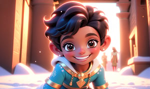 best quality, masterpiece, beautiful and aesthetic, vibrant color, Exquisite details and textures,  Warm tone, ultra realistic illustration,	(cute egypt boy, 6year old:1.5), (snow theme:1.7), (ancient egypt theme:1.4), cute eyes, big eyes,	(a beautiful smile:1.8),	16K, (HDR:1.4), high contrast, bokeh:1.2, lens flare,	siena natural ratio, children's body, anime style, 	Full length view, long Straight black hair with blunt bangs , a India male outfit,	ultra hd, realistic, vivid colors, highly detailed, UHD drawing, perfect composition, beautiful detailed intricate insanely detailed octane render trending on artstation, 8k artistic photography, photorealistic concept art, soft natural volumetric cinematic perfect light. 