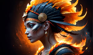 Generate an image of an Egyptian pharaoh's woman head wearing a Nemes headdress and a cobra symbol, depicted in a hyper-realistic digital art style with a cracked texture and fiery orange and black splashes. The image should have a dark background and convey a mysterious, powerful, and enigmatic atmosphere., side view