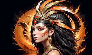 Generate an image of an Egyptian pharaoh's woman head wearing a Nemes headdress and a cobra symbol, depicted in a hyper-realistic digital art style with a cracked texture and fiery orange and black splashes. The image should have a dark background and convey a mysterious, powerful, and enigmatic atmosphere., side view,Enhanced All