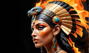 Generate an image of an Egyptian pharaoh's woman head wearing a Nemes headdress and a cobra symbol, depicted in a hyper-realistic digital art style with a cracked texture and fiery orange and black splashes. The image should have a dark background and convey a mysterious, powerful, and enigmatic atmosphere., side view, fire element,faize,more detail XL,realistic