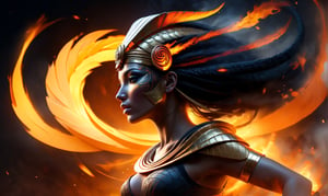 Generate an image of an Egyptian pharaoh's woman head wearing a Nemes headdress and a cobra symbol, depicted in a hyper-realistic digital art style with a cracked texture and fiery orange and black splashes. The image should have a dark background and convey a mysterious, powerful, and enigmatic atmosphere., side view, fire element,faize,more detail XL,realistic,DonM3l3m3nt4lXL,cyberpunk style,action shot