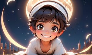 best quality, masterpiece, beautiful and aesthetic, vibrant color, Exquisite details and textures,  Warm tone, ultra realistic illustration,	(handsome Arab Boy, 6year old:1.5),	(moonlight theme:1.4), Fireflies flying in the sky,	cute eyes, big eyes,	(a smile on one's face:1.3),	cinematic lighting, ambient lighting, sidelighting, cinematic shot,	siena natural ratio, children's body, anime style, 	head to thigh portrait,	short Straight Light Brown hair,	wearing a white T-shirt, white Adidas sweatpants,	ultra hd, realistic, vivid colors, highly detailed, UHD drawing, perfect composition, beautiful detailed intricate insanely detailed octane render trending on artstation, 8k artistic photography, photorealistic concept art, soft natural volumetric cinematic perfect light. 