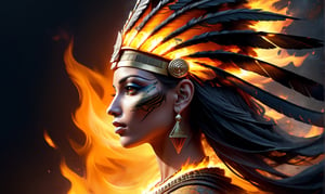 Generate an image of an Egyptian pharaoh's woman head wearing a Nemes headdress and a cobra symbol, depicted in a hyper-realistic digital art style with a cracked texture and fiery orange and black splashes. The image should have a dark background and convey a mysterious, powerful, and enigmatic atmosphere., side view, fire element,faize,more detail XL,realistic,DonM3l3m3nt4lXL,cyberpunk style