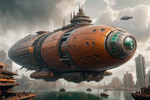 A futuristic dystopian scene with a large oval-shaped spaceship dominating the center. The spaceship has an orange-brown metallic surface, suggesting rust and wear. The surrounding buildings are tall, densely packed, and show signs of aging. The color palette is dominated by dark greens and grays due to mist or pollution. A small boat moves slowly in the water below the dirigible.,ROBOT