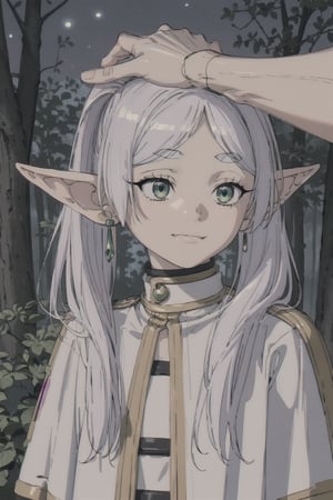 Headpat Frieren(cute, short, wearing white robe, smug, white hair, elf ears, emerald eyes), background(night, forest) (masterpiece, highres, high quality:1.2), ambient occlusion, outstanding colors, low saturation,High detailed,Detailedface,Dreamscape,HeadpatPOV,Black