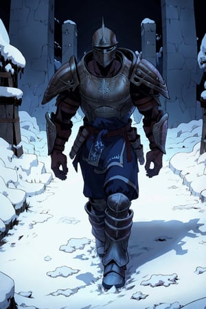 1man(wearing full dwarven armor and helmet), (full body), different views walking in cold snow, reaching at the entrance of a dungeon, background(outdoor, night, snow, skyrim, medieval road), (Shot from distance),(masterpiece, highres, high quality:1.2), ambient occlusion, low saturation, High detailed, Detailedface, Dreamscape,perfect, comic page with different panels,manga,manwha, solo