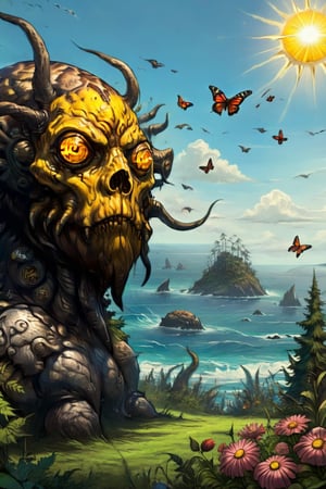 1boy\(tall, wearing full madness armor and cthulhu face, lovecraftian humanoid monster, yellow eyes\), staring at you (shot from distance), background(day, outdoor, sky, sun, ocean, flowers, trees, giant mushrooms, butterflies),