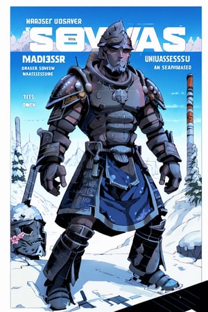 1man(wearing full dwarven armor and full helmet), (full body), standing, background(outdoor snow, title stating clearly readable "TES"), (Shot from distance),(masterpiece, highres, high quality:1.2), ambient occlusion, low saturation, High detailed, Detailedface, Dreamscape,perfect, comic page as manga cover, ,magazine cover