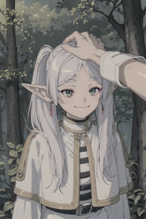 Headpat Frieren(cute, short, wearing white robe, smug smirk, white hair, elf ears, emerald eyes), background(night, forest) (masterpiece, highres, high quality:1.2), ambient occlusion, outstanding colors, low saturation,High detailed,Detailedface,Dreamscape,HeadpatPOV,Black,Frieren,line