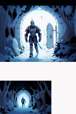 1man(wearing full dwarven armor and helmet), (full body), different views, walking inside a cave, staring the entrance of a dungeon door, background(indoor, night, snow, dungeon door), (Shot from distance),(masterpiece, highres, high quality:1.2), ambient occlusion, low saturation, High detailed, Detailedface, Dreamscape,perfect, comic page with different panels,manga,manwha, solo