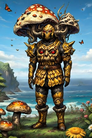1boy\(tall, wearing full madness armor and helmet, lovecraftian humanoid monster\) standing and staring at you (shot from distance), background(day, outdoor, sky, ocean, flowers, trees, giant mushrooms, butterflies),