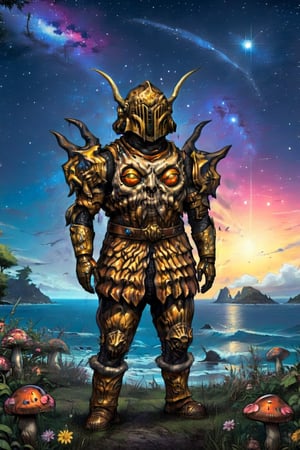 1boy\(tall, wearing full madness armor and helmet with horns, lovecraftian humanoid cosmic entity\) standing and staring at you (shot from distance), background(night stars, outdoor, sky, ocean, flowers, trees, mushrooms, butterflies),