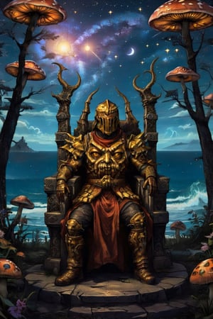 1boy\(tall, wearing full madness armor and helmet with horns, lovecraftian humanoid cosmic entity\) sitting on this throne and staring at you background(night stars, outdoor, sky, ocean, flowers, trees, mushrooms, butterflies),