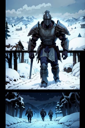 1man(wearing full dwarven armor and helmet), (full body), different views walking in cold snow, background(outdoor, night, snow, skyrim, medieval road), (Shot from distance),(masterpiece, highres, high quality:1.2), ambient occlusion, low saturation, High detailed, Detailedface, Dreamscape,perfect, comic page with different panels,manga,manwha, solo