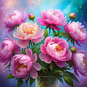 ethereal fantasy concept art of bouquet of fantastic peonies, sparkling haze, highly detailed, vibrant colors . magnificent, celestial, ethereal, painterly, epic, majestic, magical, fantasy art, cover art, dreamy ,more detail XL