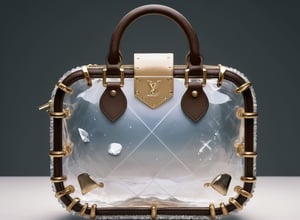 ethereal fantasy concept art of White crystal glass bag with gold trim and brown leather handle, inspired by Louis Vuitton and Prada. Fashion photography, luxury goods advertising, diamond jewelry, elegant aesthetics. Handbag on display, high resolution . magnificent, celestial, ethereal, painterly, epic, majestic, magical, fantasy art, cover art, dreamy 
Negative prompt: photographic, realistic, realism, 35mm film, dslr, cropped, frame, text, deformed, glitch, noise, noisy, off-center, deformed, cross-eyed, closed eyes, bad anatomy, ugly, disfigured, sloppy, duplicate, mutated, black and white 
