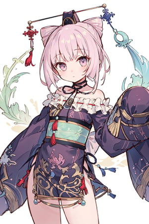 (masterpiece:1.3), best quality, ultra-detailed, solo, 1girl, cornelia \(atelier\), expressionless, closed mouth, looking at viewer, hair ornament, hat, off shoulder, japanese clothes, sleeves past wrists, sleeves past fingers
