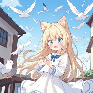 1girl, flat chest,perfect anatomy, good anatomy, cute, best quality, masterpiece, animal ears, long hair, blue eyes, solo, blonde hair, cat ears, cat tail, tail, smile,  white shirt, bangs, white dress, cat girl, blush, animal ear fluff, rooftop,sky,(surprised:1.4),open mouth,(birds:1.2),open hands