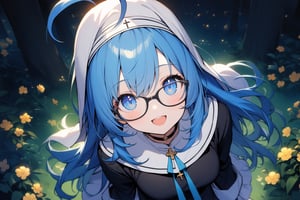 1 little girl, solo, from above, looking at viewer, 
blue hair, long hair, ahoge, blue eyes, smile, cheerful, open mouth,
choker, nun outfit, glasses,
night, moonlight, in forest, flowers shining in the moonlight,
masterpiece, best quality, 