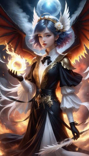 1girl, solo, short hair, simple background, black hair, jewelry, earrings, black eyes, lips, portrait, realistic,feathered wings, angel wings, white wings,zj(((masterpiece))),best quality, illustration,beautiful detailed glow,(beautiful detailed eyes), (dark magician girl:1.1),big forhead,flower,large top sleeves,Floating ashes, Beautiful and detailed explosion, red moon, fire,Fire cloud, Wings on fire, a cloudy sky, smoke of gunpowder, burning, black dress, (beautiful detailed eyes),expressionless,beautiful detailed white gloves, Dove of peace, (floating cloud:1.2),azure hair,disheveled hair,long bangs, hairs between eyes, black kneehighs, black ribbon,white bowties,midriff,white_dress,blue hair, water, white dress, dragon, look at the view,PetDragon2024xl