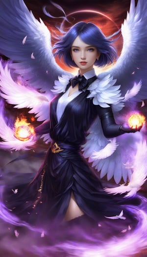 1girl, solo, short hair, simple background, black hair, jewelry, earrings, black eyes, lips, portrait, realistic,feathered wings, angel wings, white wings,zj(((masterpiece))),best quality, illustration,beautiful detailed glow,(beautiful detailed eyes), (dark magician girl:1.1),big forhead,flower,large top sleeves,Floating ashes, Beautiful and detailed explosion, red moon, fire,Fire cloud, Wings on fire, a cloudy sky, smoke of gunpowder, burning, black dress, (beautiful detailed eyes),expressionless,beautiful detailed white gloves, Dove of peace, (floating cloud:1.2),azure hair,disheveled hair,long bangs, hairs between eyes, black kneehighs, black ribbon,white bowties,midriff,white_dress,blue hair, water, white dress, dragon, look at the view,PetDragon2024xl