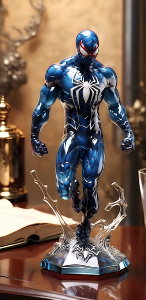 Generate an image of a sophisticated glass art rendition featuring Spiderman. The intricately crafted figurine stands elegantly on a desk, capturing the essence of high-end craftsmanship.Clear Glass Skin