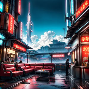Ultra-realistic 8K image, a scene of a futuristic bar lounge balcony, soft pastel colors on comfy corner sofas, overlooking a photorealistic cyberpunk city, with Neon lights, ((Chrome)) borders, thick dark smoke billows from the streets, while flying space shuttles fly past. in the rain, inspired by Bladerunner, lots of ground crew and robot helpers working,  city balcony area background, (top-down) view, sharp focus, symmetrical, spycraft, Cyberpunk, ,Cyberpunk