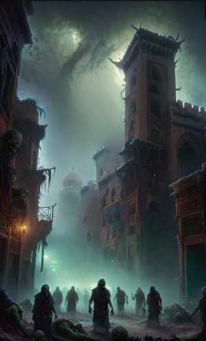 (highly detailed close photography), cinematic colors, texture, film grain, (abandoned Arabic city:1.2), in the desert, at night (cloudy:0.7), zombie-like creatures roaming the streets, lots of fog, intricate, scary atmosphere, dark vibes, hyper detailed, vibrant colours, epic composition, official art, unity 8k wallpaper, ultra detailed, beautiful and aesthetic, masterpiece, best 