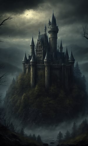 best quality, extremely detailed, 4k, castle standing on a hill overlooking a dark forest, eerie, gloomy, scary atmophere,HellAI,LegendDarkFantasy