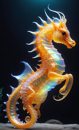 Realistic photo of a seahorse-like alien creature with a golden aura and transparent muscular system, transparente, the creature's head is transparent, the creature's head looks like a planet and glows from the inside, the creature has an elongated orange body with thin transparent skin and tendons and muscles are visible, the creature is upright on two legs, the creature's hands are thin with three long jointed fingers, suckers at the ends of the fingers, the body of the creature ends in a long jointed tail, (the arms and legs of the creature are covered with iridescent scales), full posture, full height, full body, pay attention to the scales on the legs and arms, the creature looks contrasting and bright, high detail, super clear image, high contrast, photorealistic, 8k,Disney pixar style