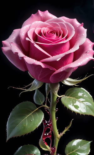 An ominous, bioluminescent Pink rose unfurls its sinister, red petals. They exude toxic, glowing radiance, dripping with viscous goo, while dark energy oozes from within.