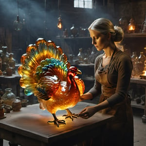 (Elvish craft woman making a Glass blown turkey sculpture in a glass workshop, furnace, Glass blown turkey sculpture, close up, detailed glass work, working on, heat, hot), Epic cinematic brilliant stunning intricate meticulously detailed dramatic atmospheric maximalist digital matte painting,Glass,