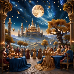 In the Sci-Fi Renaissance Fantasy realm of Eldoria, a tapestry unfolds, portraying a majestic courtly feast under a sky ablaze with magical constellations, woven in threads of celestial blue and golden hues.