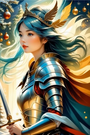 Girl in Armour, christmas, traditional media, fantasy illustration, soft colors, Whimsical Illustration, windy, dynamic poses,