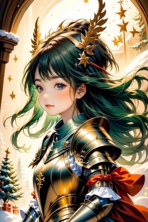 Girl in Armour, christmas, traditional media, fantasy illustration, soft colors, Whimsical Illustration, windy, dynamic poses,Anime ,cutegirlmix