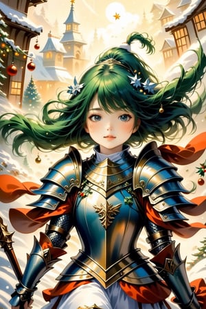 Girl in Armour, christmas, traditional media, fantasy illustration, soft colors, Whimsical Illustration, windy, dynamic poses,Anime ,cutegirlmix