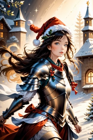 Girl in Armour, christmas, traditional media, fantasy illustration, soft colors, Whimsical Illustration, windy, dynamic poses,Anime 
