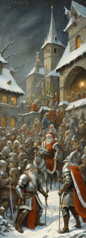 christmas men armour party in fantasy world, christmas, traditional media, fantasy illustration, soft colors, final fantasy, windy, dynamic poses,