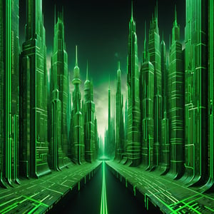 Matrix code Enigma Art Style cityxcape made up of detailed green lines of digital code, everything is made up of Digital code, trees,Matrix Code,Renaissance Sci-Fi Fantasy,High Renaissance,vertical lines of green matrix code