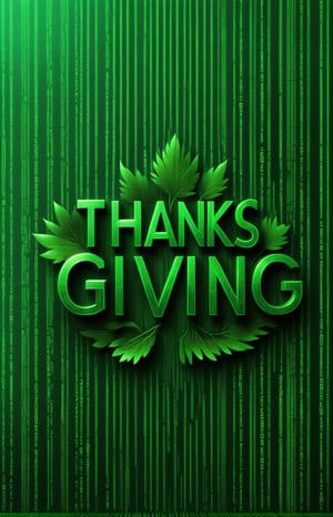 ("THANKS GIVING" text logo: 1.3), green, background, (simple background: 1.5), metal, intricate pattern, detailed vertical lines of green matrix code,Text