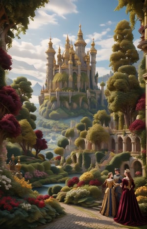 a grand tapestry unfolds before your eyes. Woven with threads of opulent gold and deep burgundy, it depicts a lavish scene of courtly life. Noble figures, draped in rich velvets and adorned with jewels, engage in graceful dances amidst lush gardens. Towering castles and winding cobbled streets provide a backdrop, exuding an air of regal opulence. Each delicate stitch tells a tale of chivalry, romance, and the resplendent beauty of a bygone era, inviting you to immerse yourself in the timeless charm of this sci-fi Renaissance fantasy world.