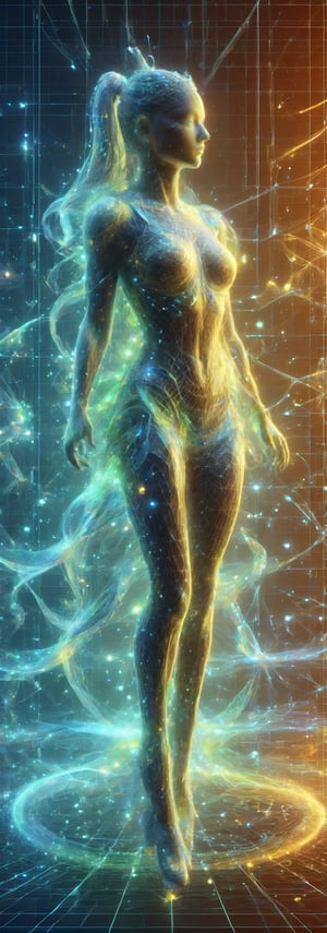Hologram girl, hologram, no humans, outline only, wireframe, glowing wireframe, pretty girl, rainbow hologram, 🌈, futuristic, transparent body, void body, only outline neon tube, twintails, low twintails, fluffy hair, rainbow colors, small wings, aesthetic grid, silhouette 