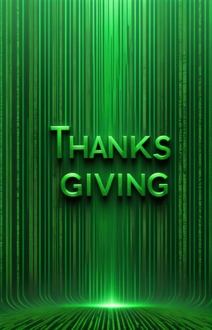 ("THANKS GIVING" text logo: 1.3), green, background, (simple background: 1.5), metal, intricate pattern, detailed vertical lines of green matrix code,Text