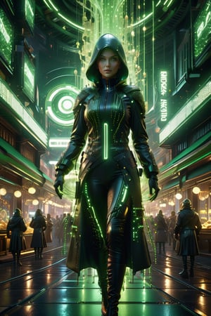  Ultra realistic, realistic, Inside a digital Matrix vibrant Green matrix code flowing down making up a digital woman's body, Thief In the Night, duel wield, 3d isometric dark fantasy town background, 8k octane render, high detail, cinema style, Masterpiece, hyperdetailed, intricately detailed, Professional photography, bokeh, natural lighting, canon lens, shot on dslr 64 megapixels sharp focus, complex, Renaissance Sci-Fi Fantasy,Renaissance Sci-Fi Fantasy