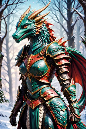 Dark dragonfolk in Armour, christmas, traditional media, fantasy illustration, soft colors, Whimsical Illustration, windy, dynamic poses, Anime , cutegirlmix, hentai,