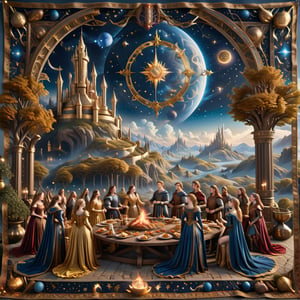 In the Sci-Fi Renaissance Fantasy realm of Eldoria, a tapestry unfolds, portraying a majestic courtly feast under a sky ablaze with magical constellations, woven in threads of celestial blue and golden hues.,Renaissance Sci-Fi Fantasy