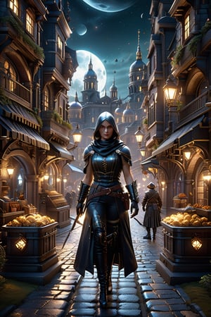  Ultra realistic, realistic, woman, Thief In the Night, duel wield, 3d isometric dark fantasy town background, 8k octane render, high detail, cinema style, Masterpiece, hyperdetailed, intricately detailed, Professional photography, bokeh, natural lighting, canon lens, shot on dslr 64 megapixels sharp focus, complex, Renaissance Sci-Fi Fantasy,Renaissance Sci-Fi Fantasy