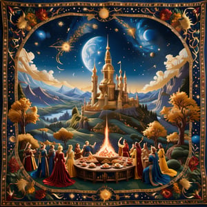 In the Sci-Fi Renaissance Fantasy realm of Eldoria, a tapestry unfolds, portraying a majestic courtly feast under a sky ablaze with magical constellations, woven in threads of celestial blue and golden hues.