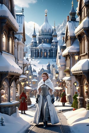  Ultra realistic, realistic, woman white snow, 3d isometric snow town background, 8k octane render, high detail, cinema style, Masterpiece, hyperdetailed, intricately detailed, Professional photography, bokeh, natural lighting, canon lens, shot on dslr 64 megapixels sharp focus, complex, Renaissance Sci-Fi Fantasy,Renaissance Sci-Fi Fantasy
