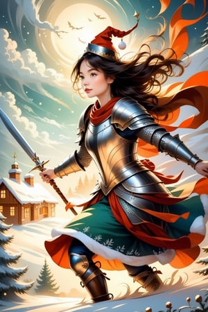 Girl in Armour, christmas, traditional media, fantasy illustration, soft colors, Whimsical Illustration, windy, dynamic poses,